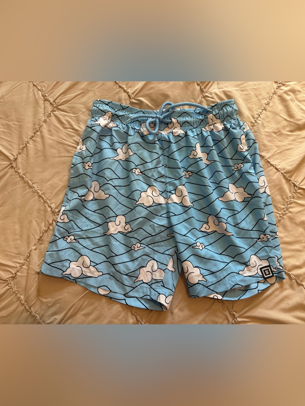 Men's Sky Blue Cloud-Print Athletic Swim Shorts with Drawstring